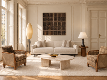 Salón señorial en Madrid con contraventanas blanco roto, sofá bouclé, sillones art déco, mesa de travertino, panel de madera recuperada y lámparas vintage.