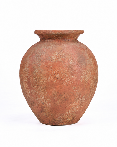 Jarrón grande de terracota de forma redondeada de Bazar Bizar, vista frontal desde otro ángulo