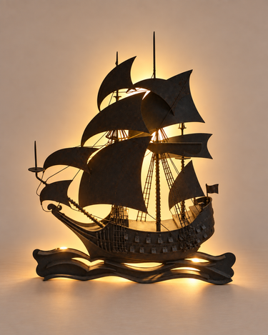 Lámpara de metal oscuro en forma de velero, encendida sobre fondo neutro.
