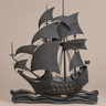 Lámpara antigua de metal en forma de velero, de color oscuro y con base de olas, apagada.