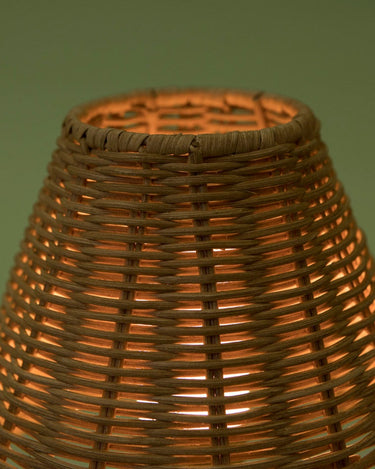 Close-up of the cordless rattan lamp
