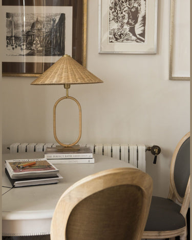 Shire rattan table lamp with shade and brass base