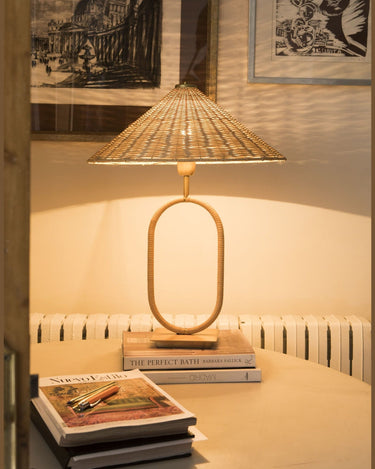 Shire rattan table lamp with shade and brass base