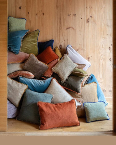 Square cushion with natural-toned fringe, fringe detail by Le Monde Sauvage