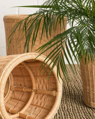 Handcrafted set of three round rattan planters