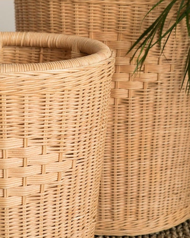 Handcrafted set of three round rattan planters