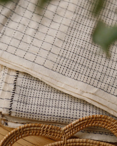 Caravane Akaho white cotton tablecloth with black embroidery