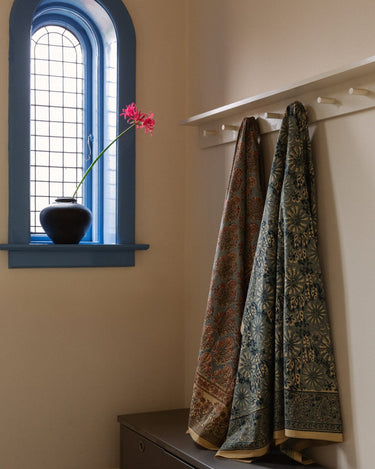 Blue tablecloth in an interior setting