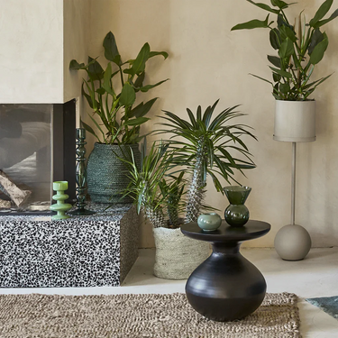 Mesa auxiliar de aluminio negro: en un ambiente con plantas de interior