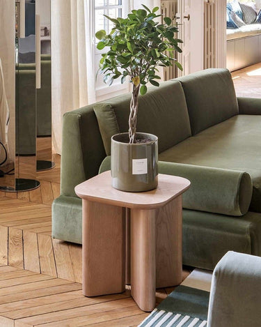 Mesa auxiliar cuadrada de fresno natural de Gabrielle Paris con una planta junto al sofá