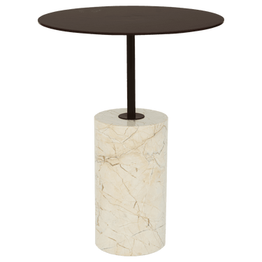 Mesa auxiliar de mármol beige y metal marrón rojizo: vista completa del sobre y el pie