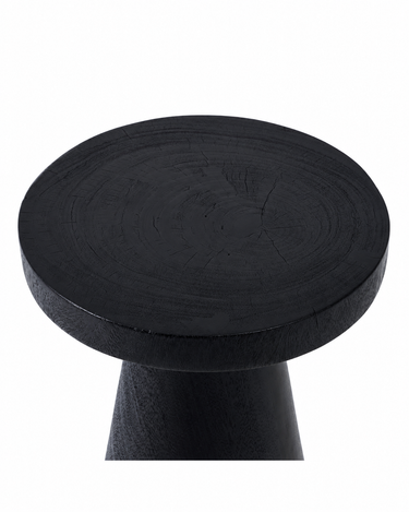 Mesa auxiliar negra de madera de suar, vista desde arriba del tablero circular