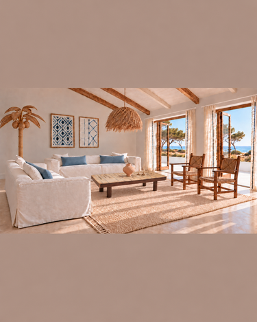 Mesa de centro de azulejos botánicos y estructura de madera oscura en un salón junto al mar