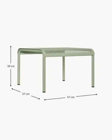 Esquema acotado de mesa cuadrada: lados de 57 cm y altura redondeada a 39 cm.