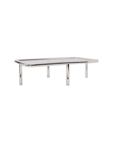 Mesa de centro rectangular de acero y cristal ahumado vista en diagonal