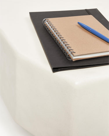 Cuadernos y bolígrafo azul sobre el tablero blanco roto.