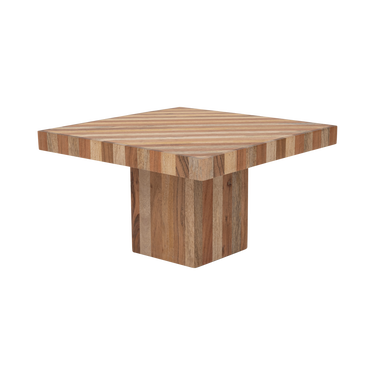 Mesa de centro cuadrada de mango y acacia: vista en perspectiva del sobre y la base