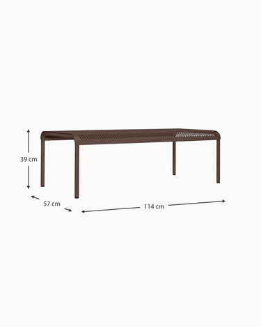 Esquema acotado de mesa chocolate:114×57cm y altura redondeada a39cm.