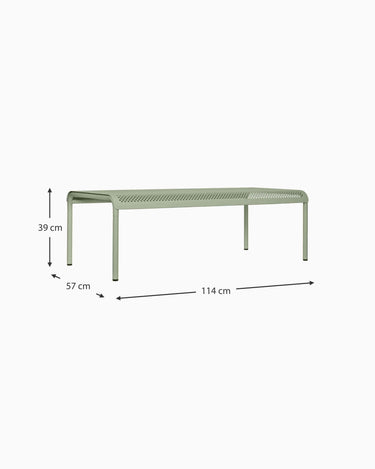 Esquema acotado de mesa verde: 114 × 57 cm y altura redondeada a 39 cm.