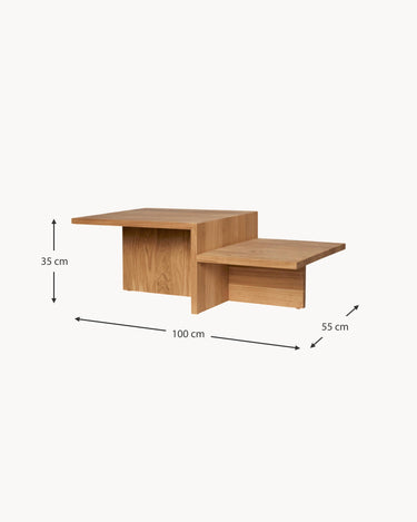 Esquema de medidas de la mesa de centro de roble con dos alturas.