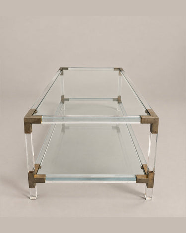 Mesa de centro transparente de dos niveles — vista del lado corto