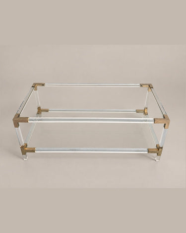 Mesa de centro transparente de dos niveles — tablero superior visto en diagonal
