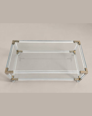 Mesa de centro transparente de dos niveles — vista cenital de la mesa rectangular