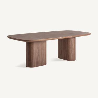 Mesa de comedor de madera DM con chapa de nogal de Vical, vista lateral de la mesa