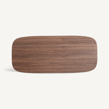 Detalles de mesas de comedor de madera DM con chapa de nogal de Vical, vista superior del tablero