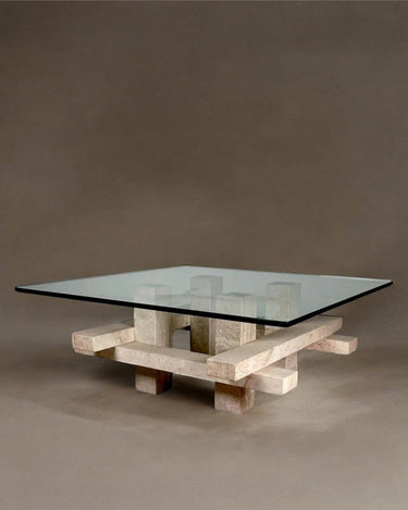 Mesa de mármol travertino y cristal