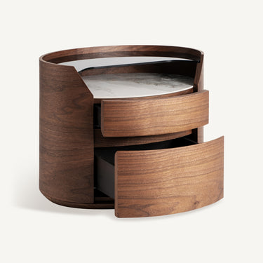 Detalles de mesitas de noche de madera marrón, cristal y cerámica de Vical, cristal y cerámica de Vical, mesita con cajones abiertos