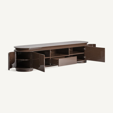 Detalles de muebles para TV de madera DM marrón brillo de Vical, detalle del frente curvo