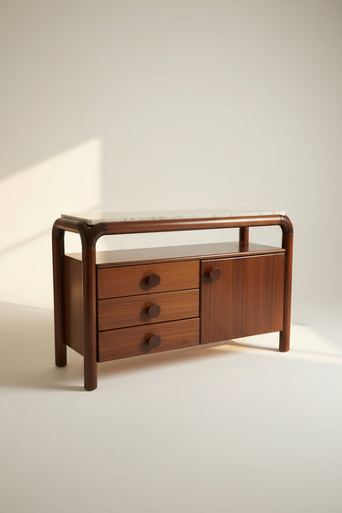 Mesa auxiliar de madera y marmol tonos beige marron