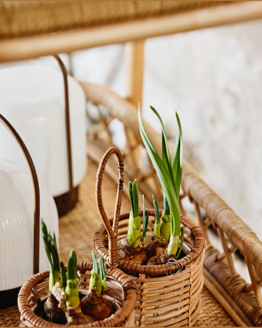 Mesa auxiliar de ratán natural con ruedas Nordal en detalle decorativo