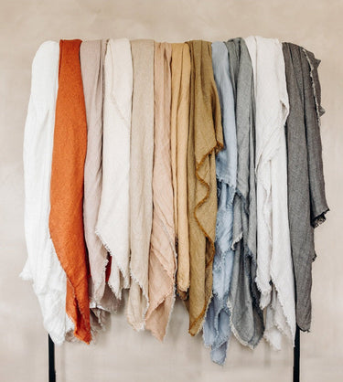 Light pink linen curtain, shown as curtain panels by Le Monde Sauvage