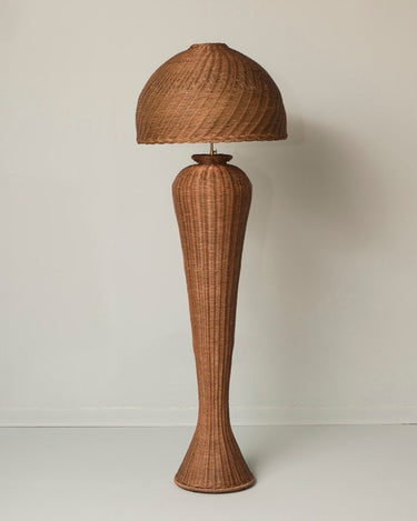 Full view of the large brown rattan lampshade