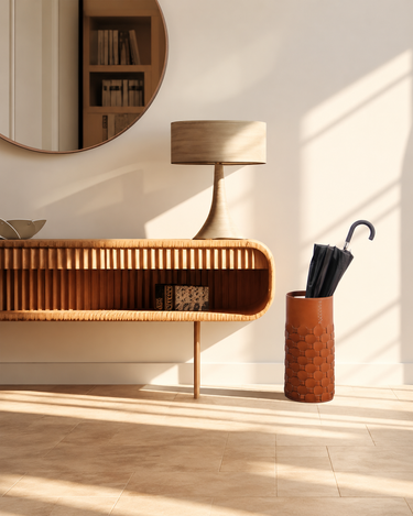 Paragüero de LIMAC Design junto a una consola de madera en el recibidor