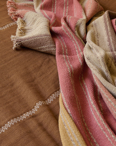 Detalle de los flecos y las bandas de color del plaid