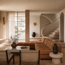 Salón cálido y minimalista diseñado como inspiración para un proyecto de interiorismo integral premium