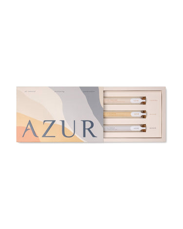 Set Bathtime Stories de sales de baño de Azur Natural Bodycare, vista superior de la caja parcialmente abierta