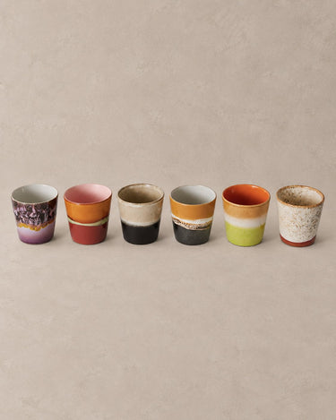 Set of 6 multicoloured 70s ceramic coffee cups by HK Living