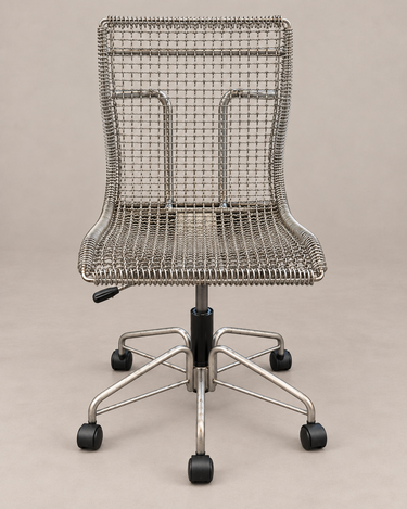Silla de oficina vintage Rascal de Niall O’Flynn, vista frontal centrada, con malla metálica y cinco ruedas.