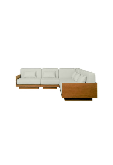 Sofás de Gabrielle Paris, proporción y material de sofá esquinero de gran formato en iroko