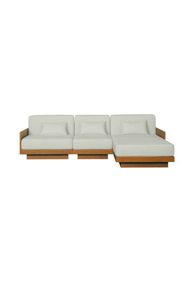 Sofá Georges con chaise longue de 4/5 plazas en iroko de Gabrielle Paris, vista frontal