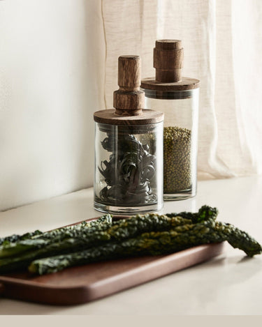 Smoked glass and wooden lid detail of SALVIE jar – Nordal