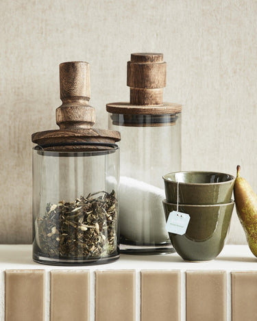Side view of SALVIE tall smoked glass jar with wooden lid – Nordal