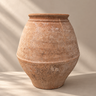 Tinaja antigua de barro española color terracota, vista frontal con luz lateral y fondo topo claro, Matuta Home