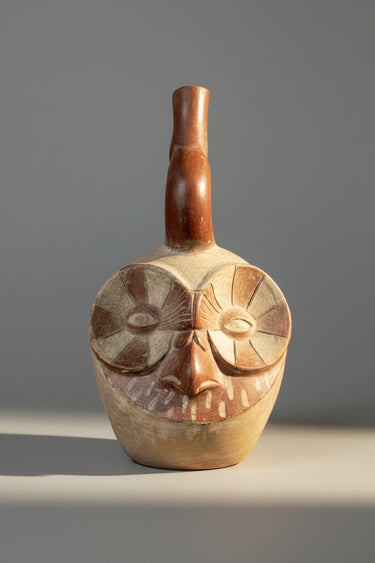 Vasija antigua peruana de ceramica con motivo buho