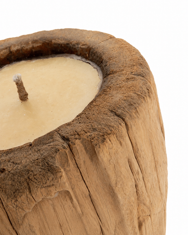 Vela recargable de tronco de madera natural, detalle del borde de madera, la cera y la mecha