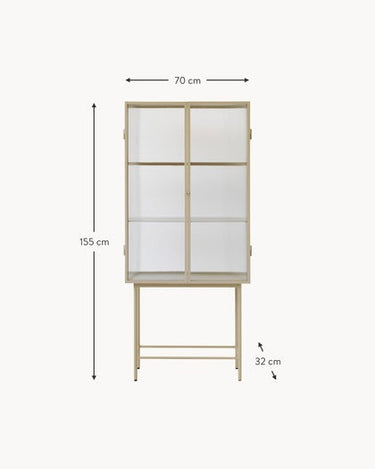 Esquema de dimensiones de la vitrina alta de acero beige.